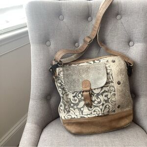 Myra Hair On Cowhide Leather Canvas Crossbody Shoulder Bag Boho Western EUC